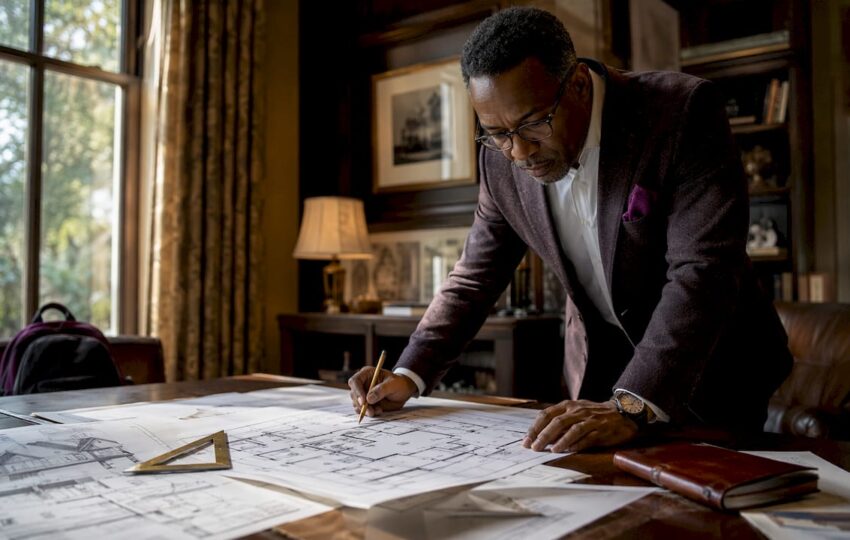 Architect reviewing home remodeling plans in office