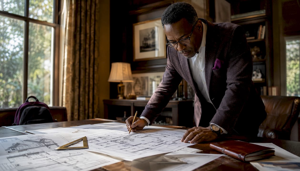 Architect reviewing home remodeling plans in office