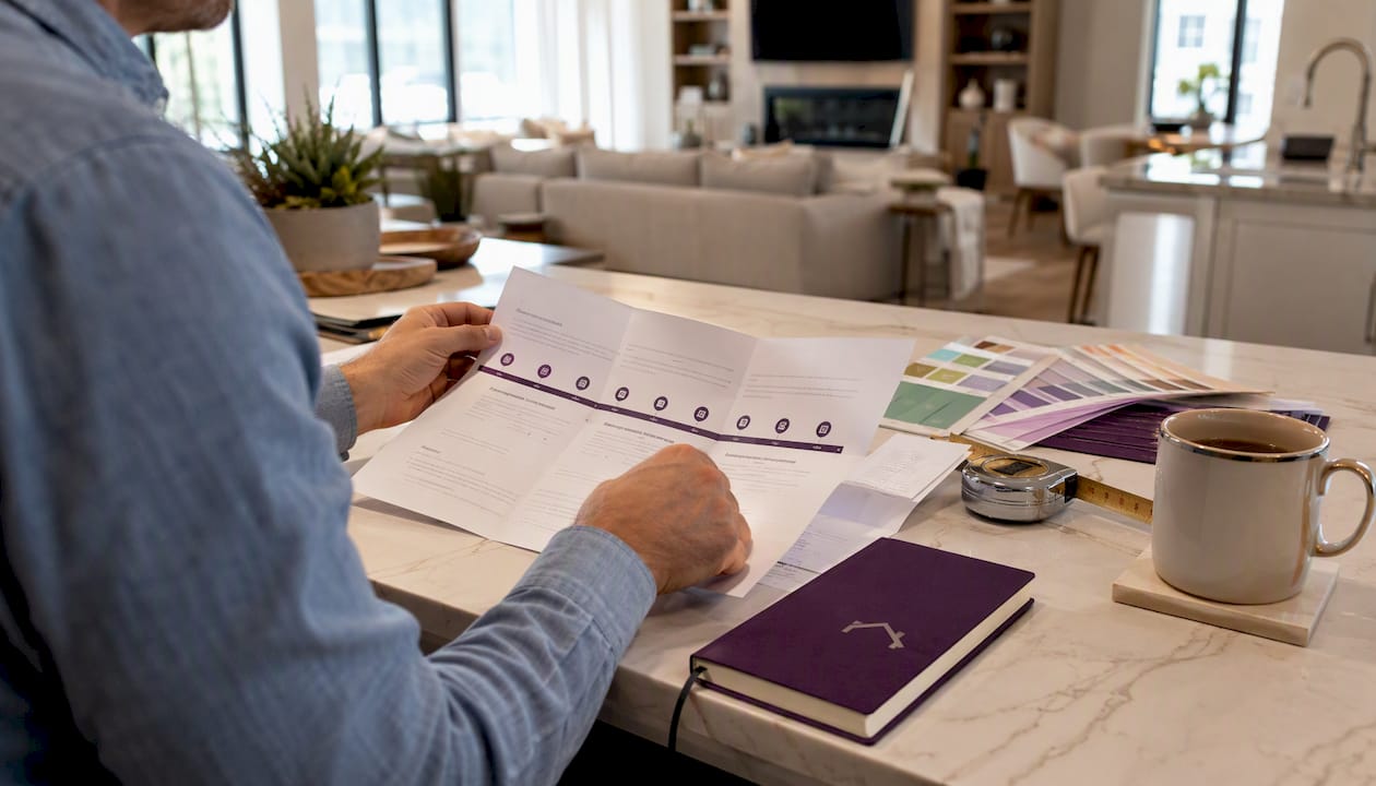 Hands marking remodeling process timeline on table