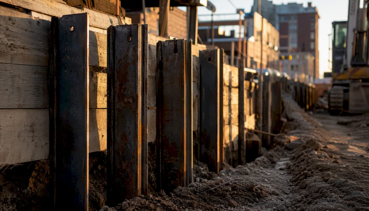 Steel sheet pile retaining wall at urban commercial site