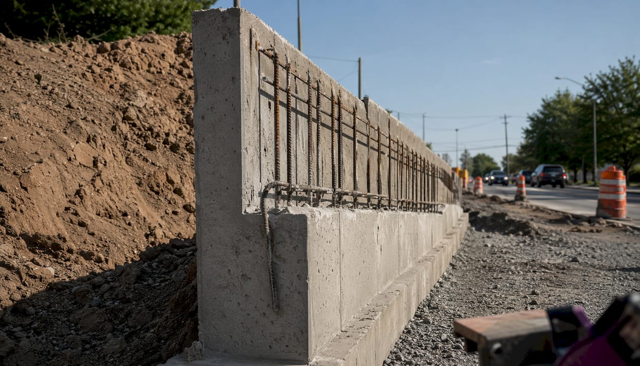 Commercial construction site with cantilever retaining wall