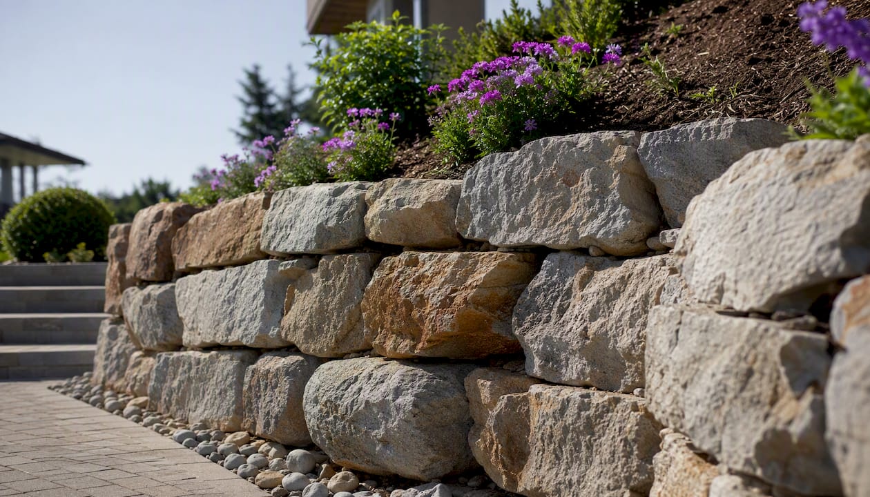 Stone gravity retaining wall at commercial landscape