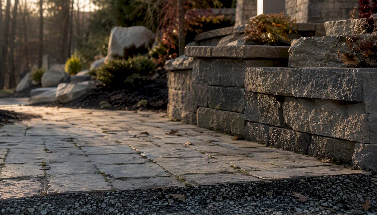 Concrete walkway and retaining wall on commercial property