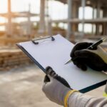 Hands holding clipboard and pen on construction site