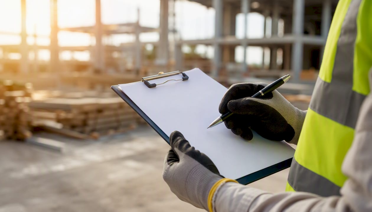 Hands holding clipboard and pen on construction site