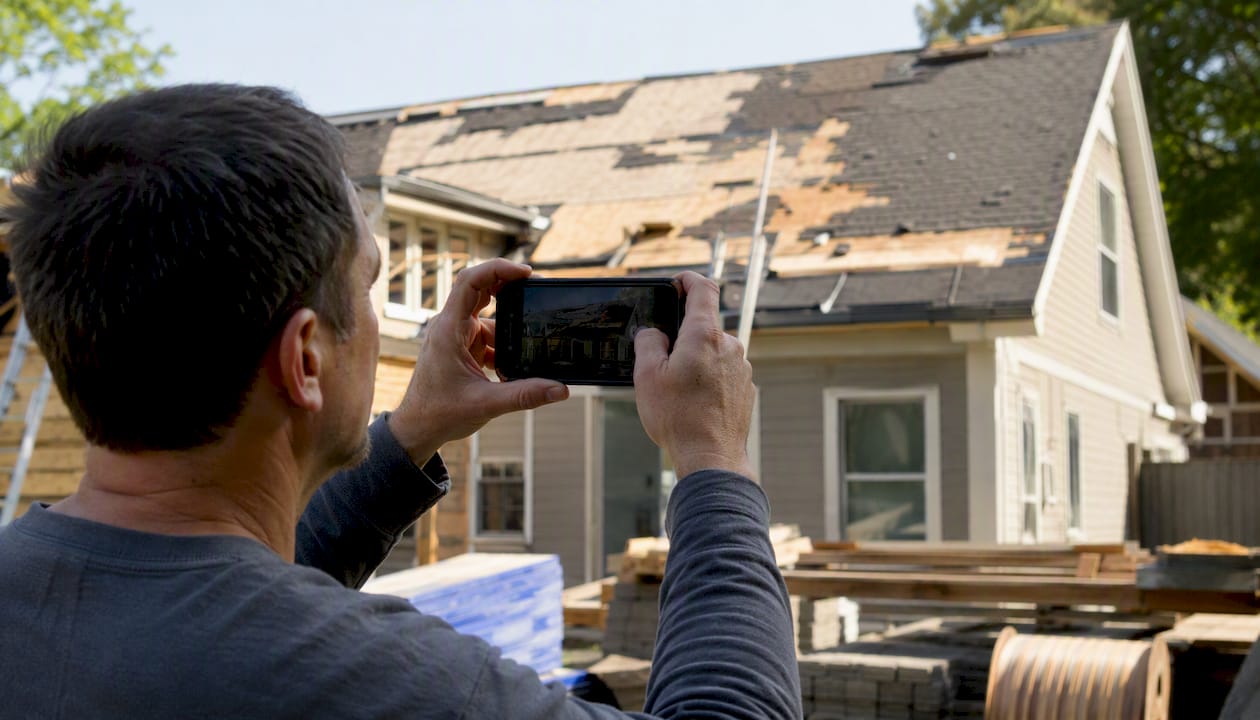 Hands photographing roof defects with phone