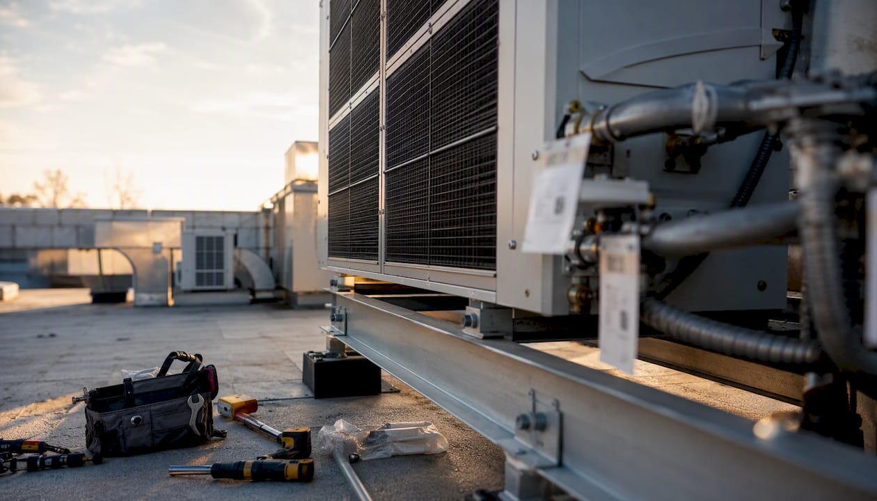 Commercial rooftop HVAC units awaiting inspection