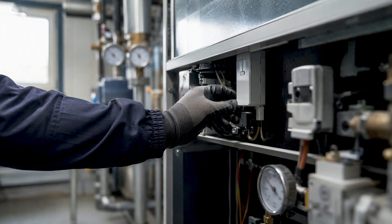 Technician performing HVAC maintenance on air handling unit