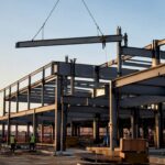 Commercial structural steel building frame under construction