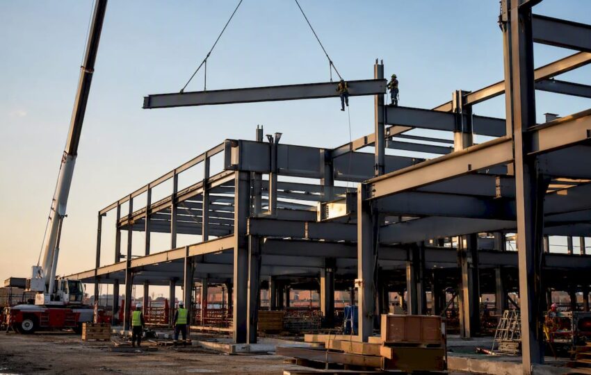 Commercial structural steel building frame under construction