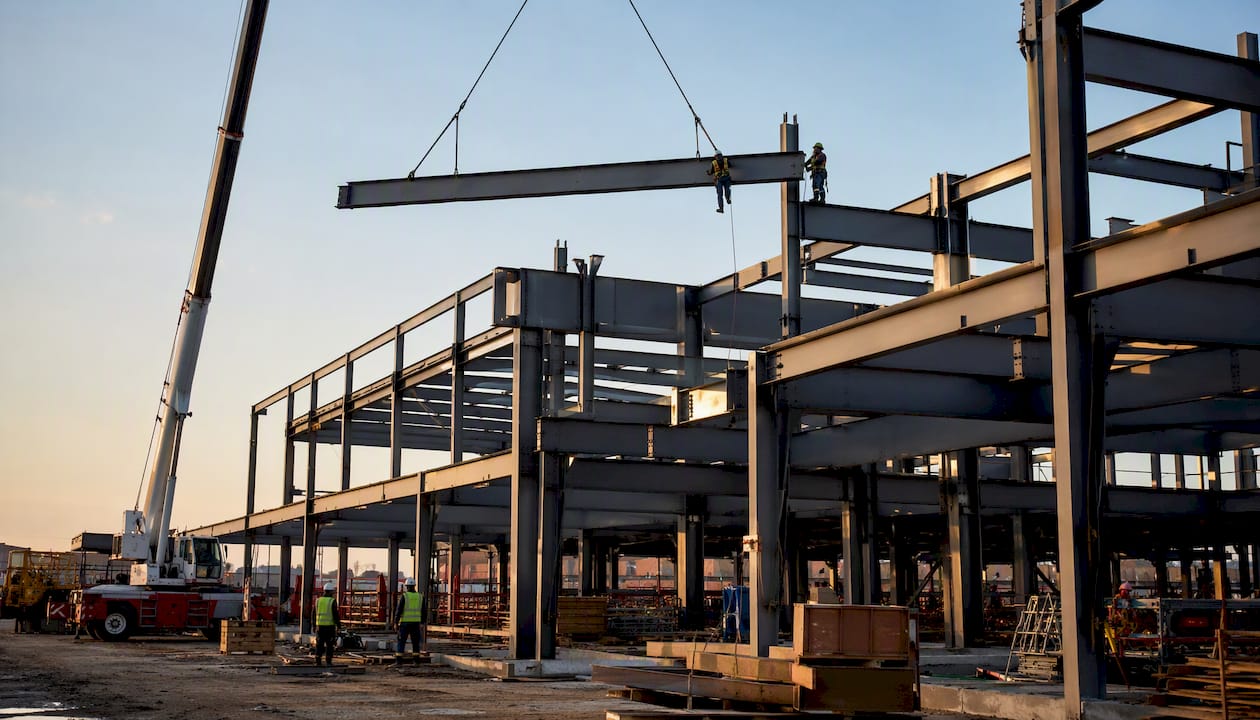 Commercial structural steel building frame under construction