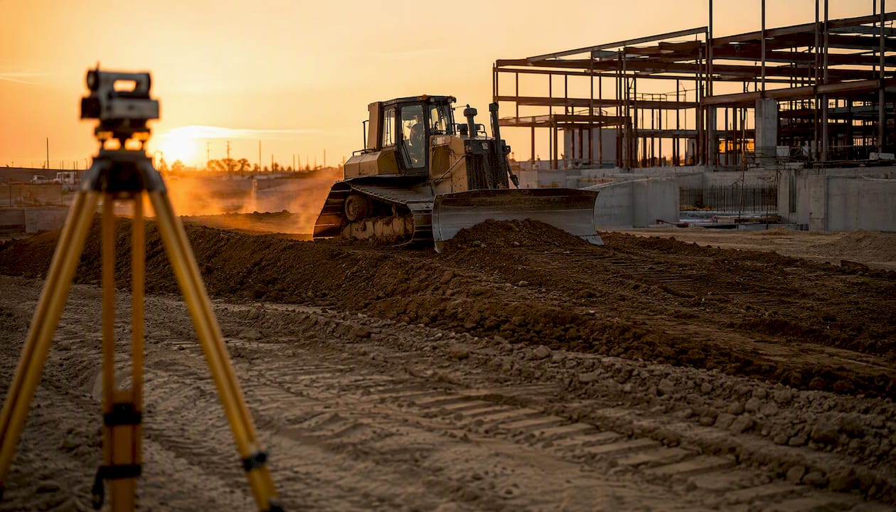 Bulldozer grading soil on commercial site
