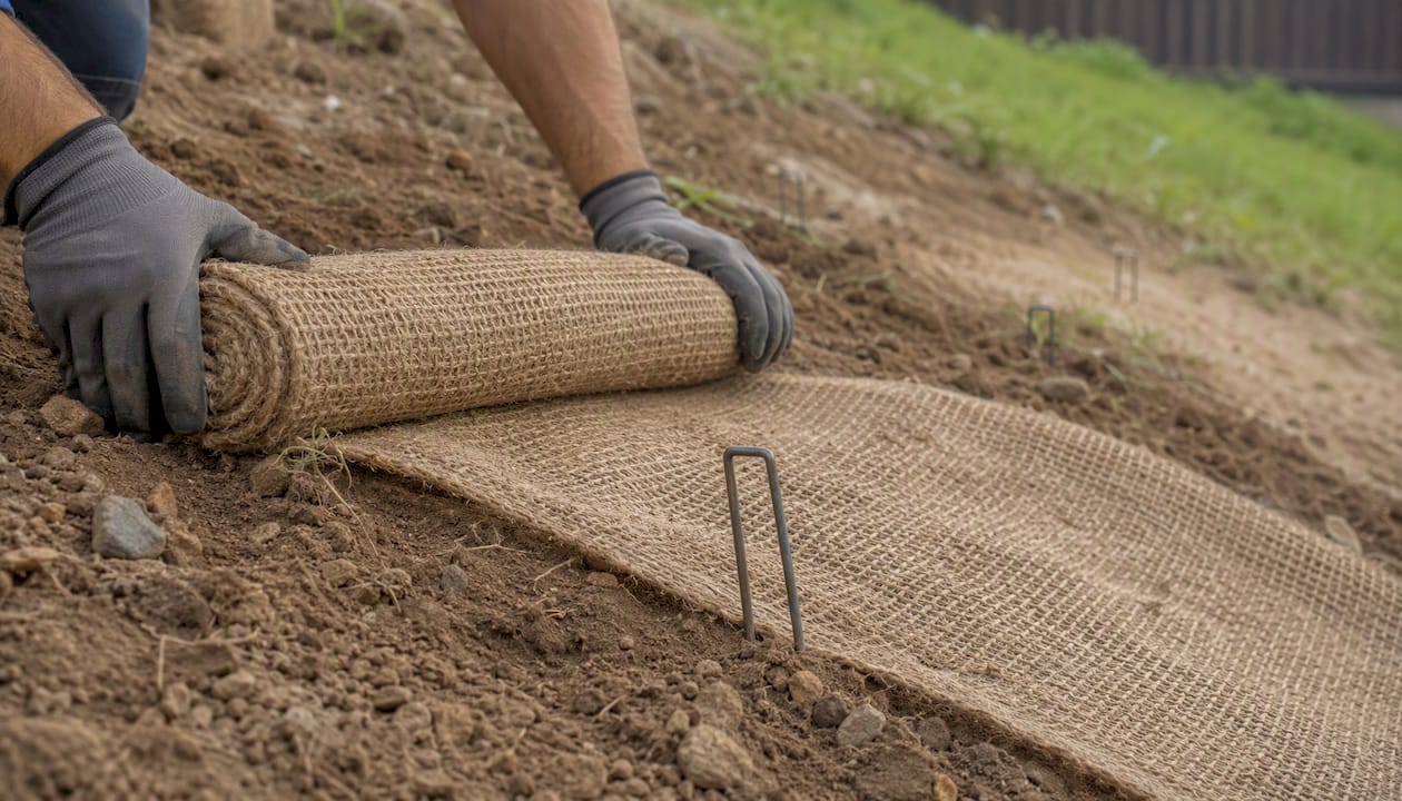 Hands unrolling erosion control blanket on slope