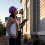 Contractor inspecting residential property exterior