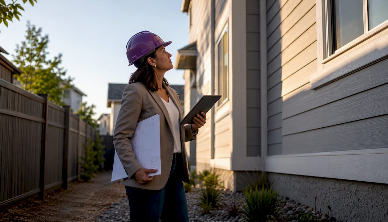 Contractor inspecting residential property exterior