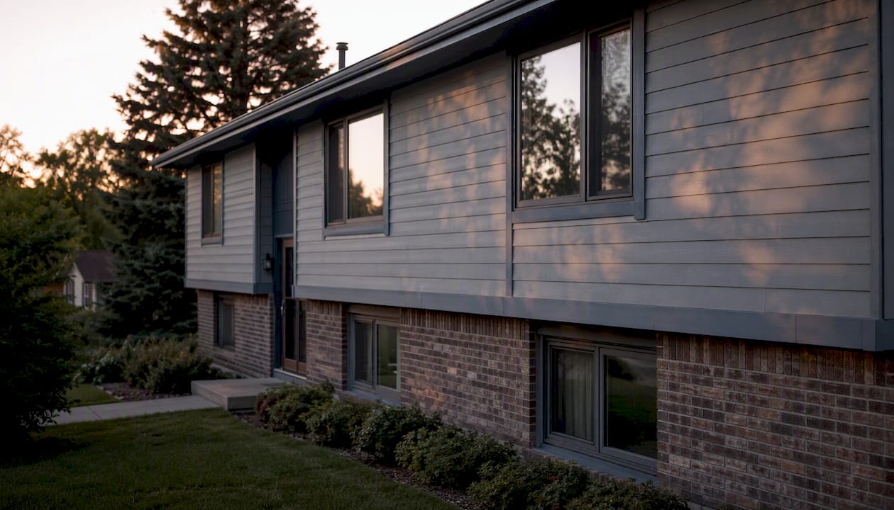Split-level siding with fiber-cement and brick accents