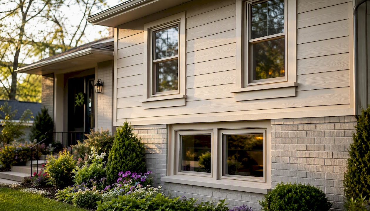 Consistent window trim detail on split-level exterior