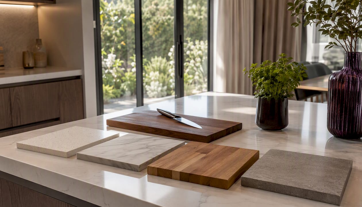 Close-up of various kitchen countertop materials