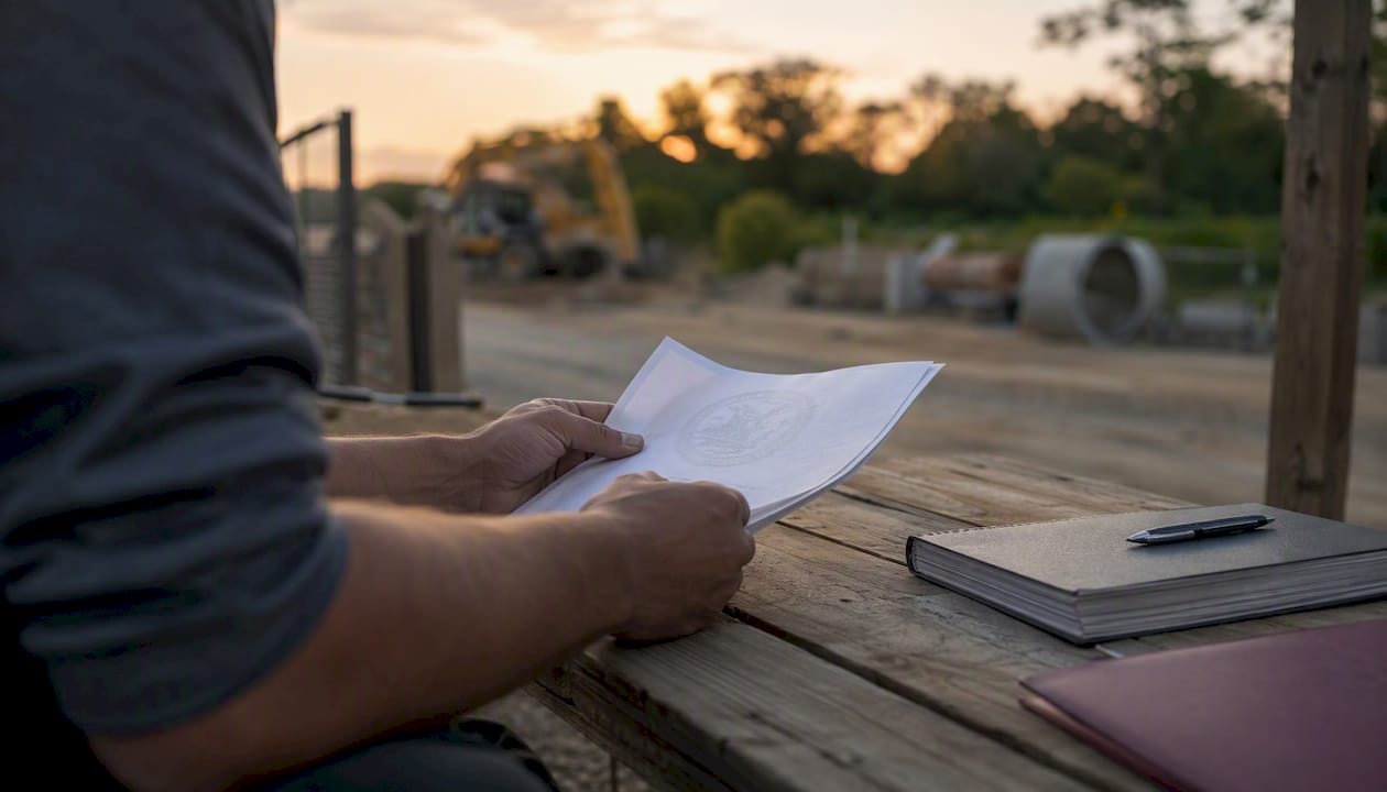 Hands holding building permit at construction site