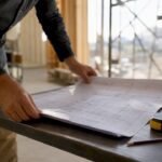 Contractor examining blueprints on a construction site