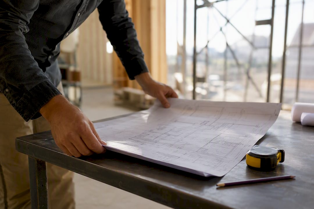Contractor examining blueprints on a construction site