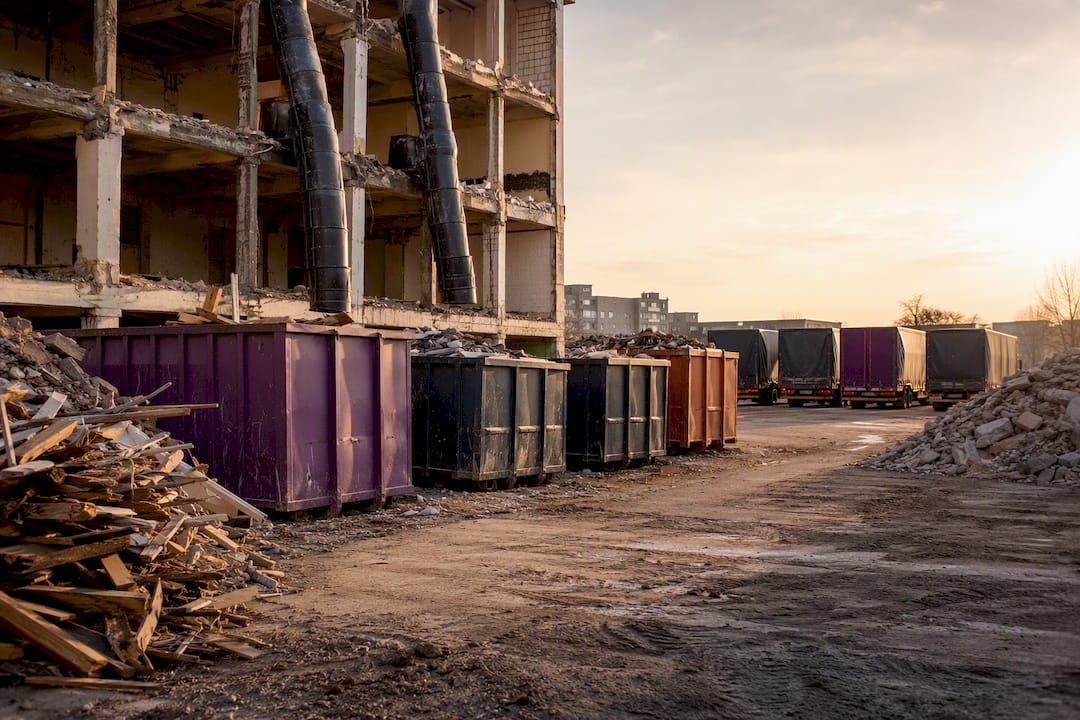Debris sorting and recycling containers at demolition site