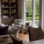 Clutter-free living room with labeled storage bins