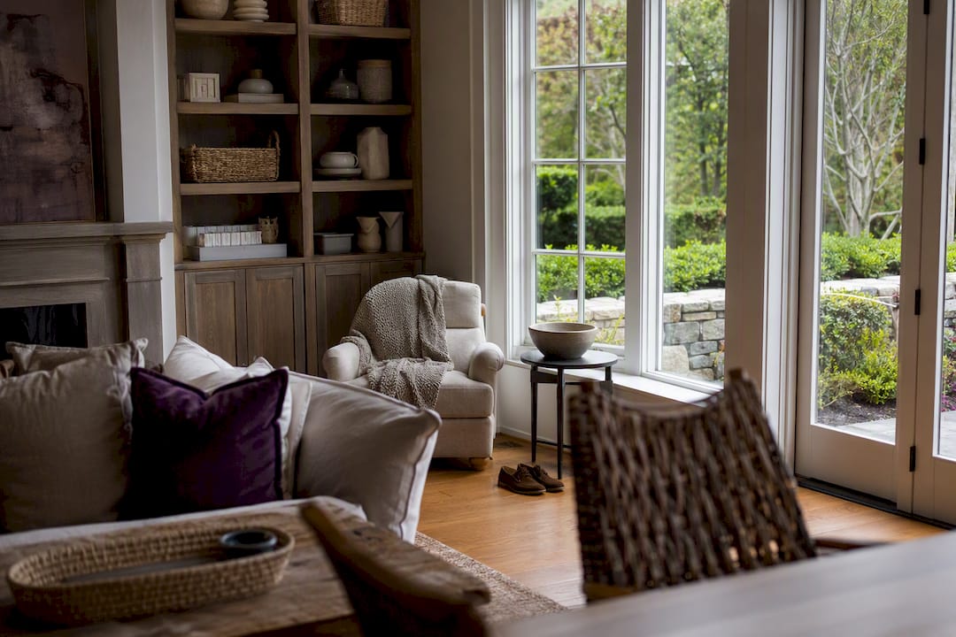 Clutter-free living room with labeled storage bins