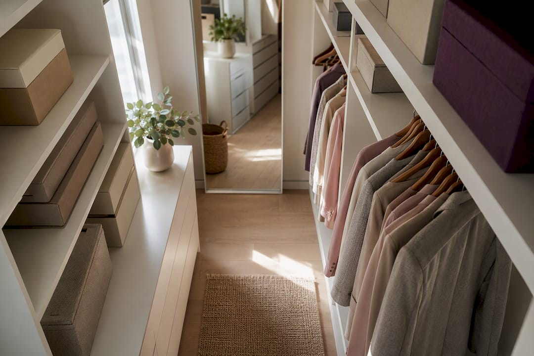 Organized home closet with shelves and hooks