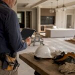 Contractor holding punch list tablet at site