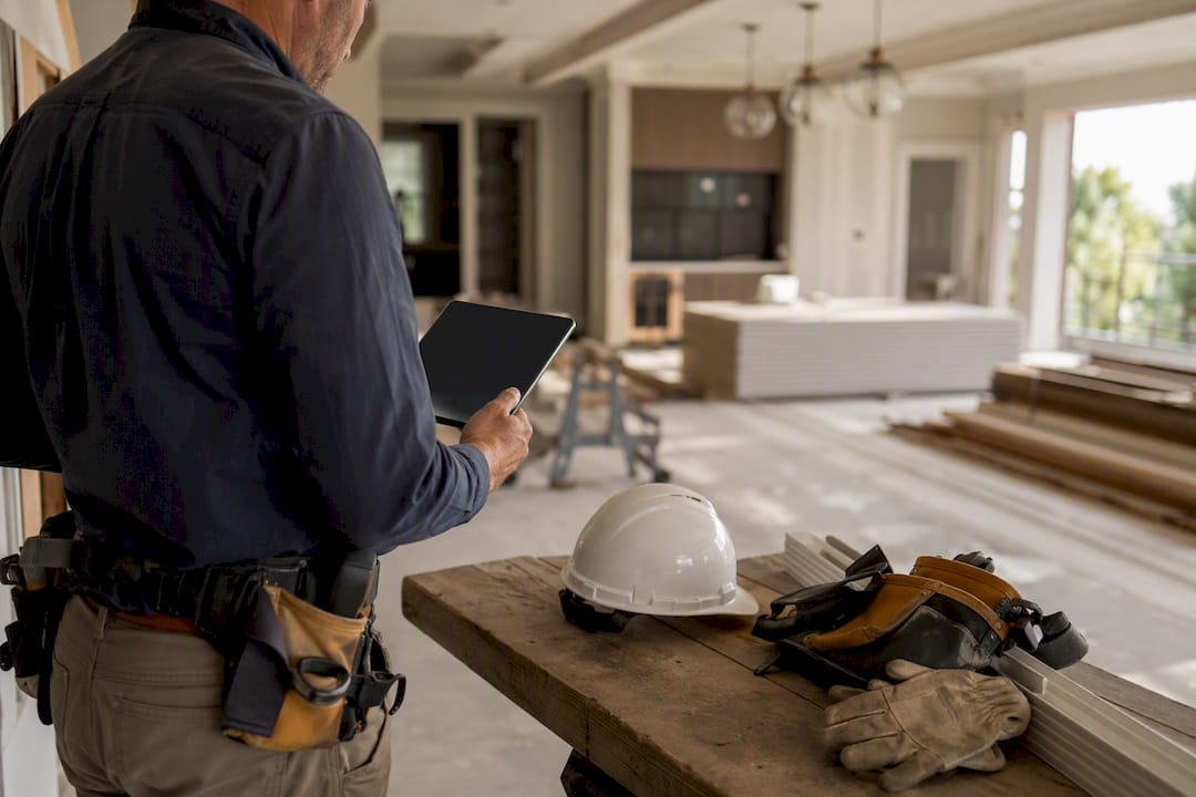 Contractor holding punch list tablet at site