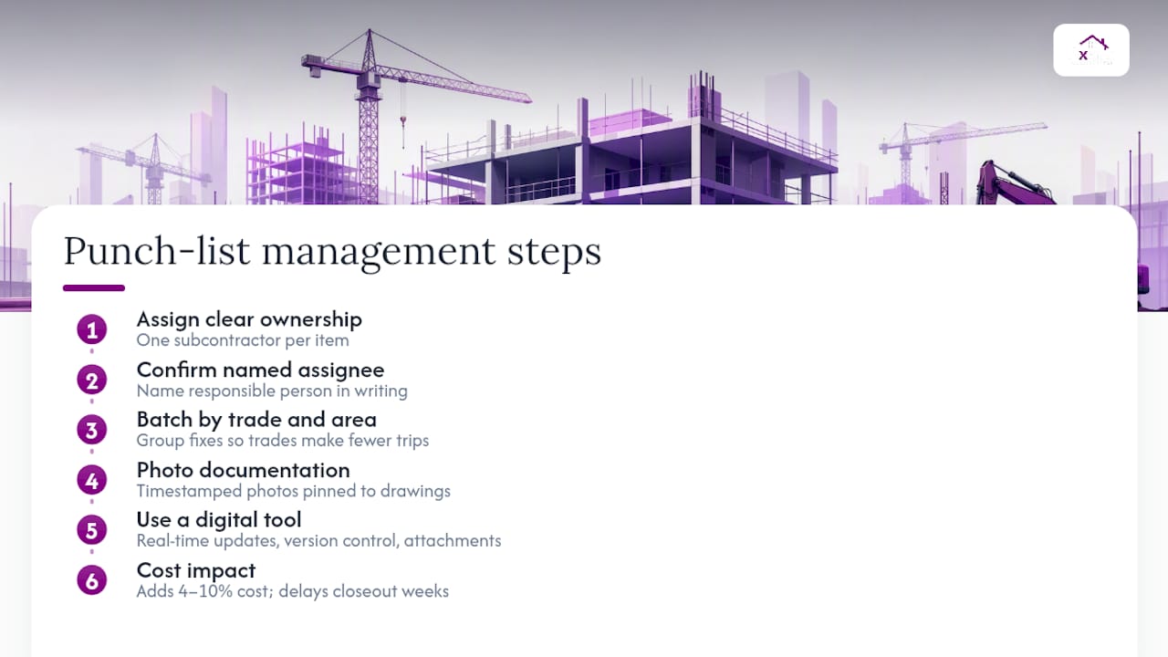 Diagram of punch list management workflow and cost impact