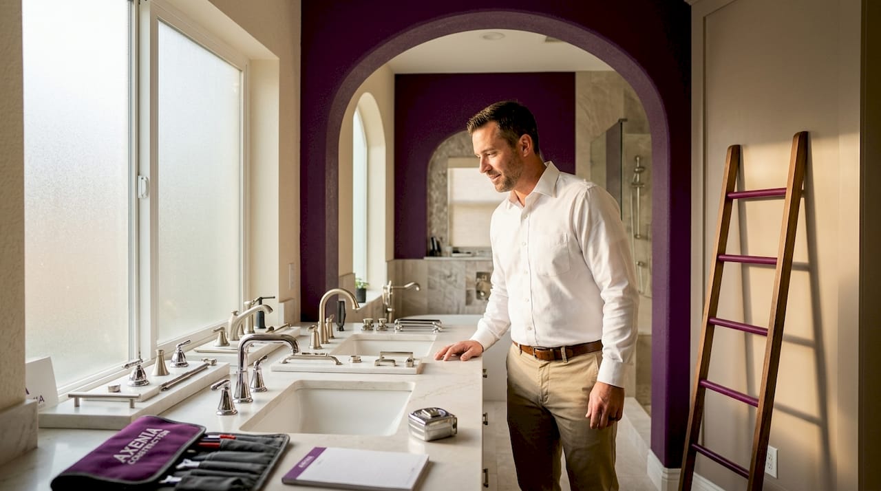 Contractor reviewing bathroom fixtures during remodel