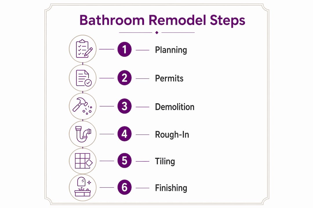 Infographic outlining six main bathroom remodel steps
