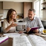 Couple planning bathroom remodel at kitchen table