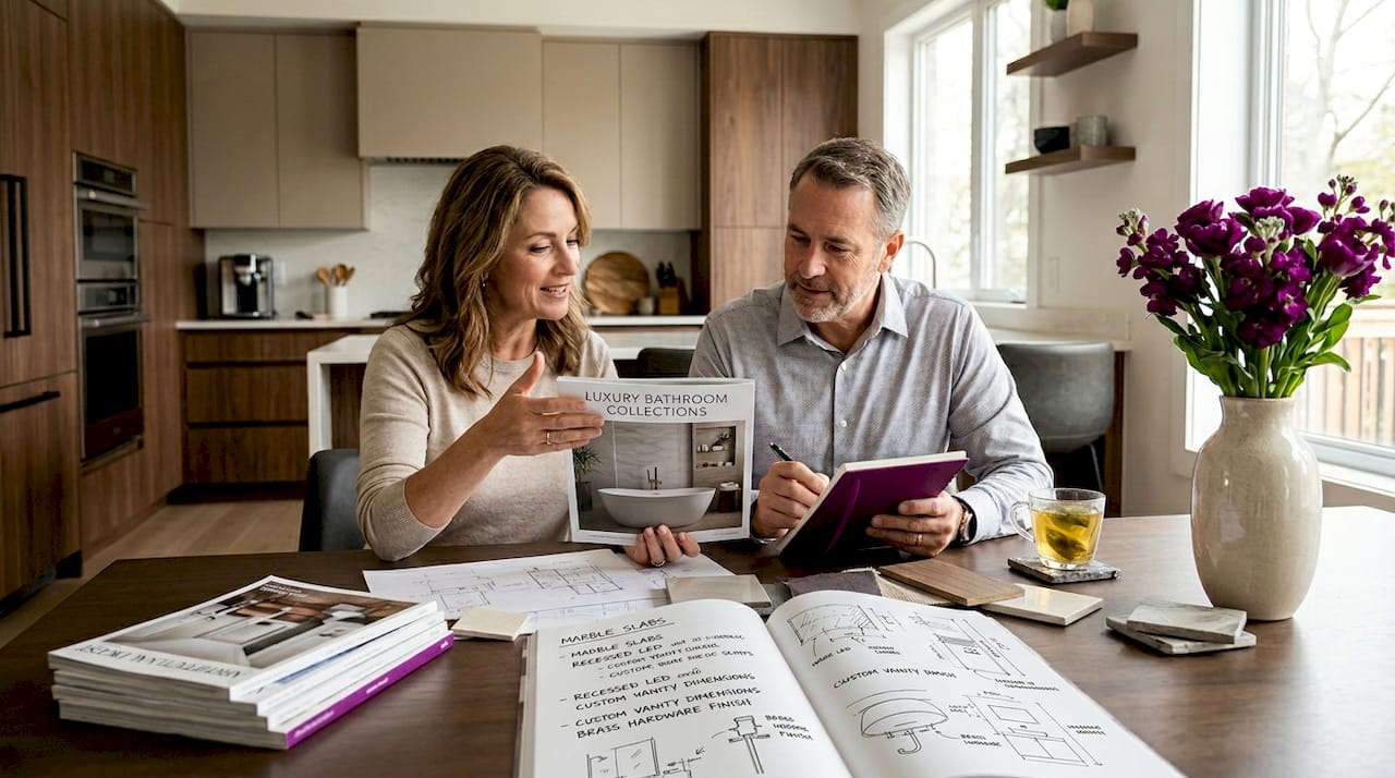 Couple planning bathroom remodel at kitchen table