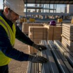 Contractor inspecting staged construction materials