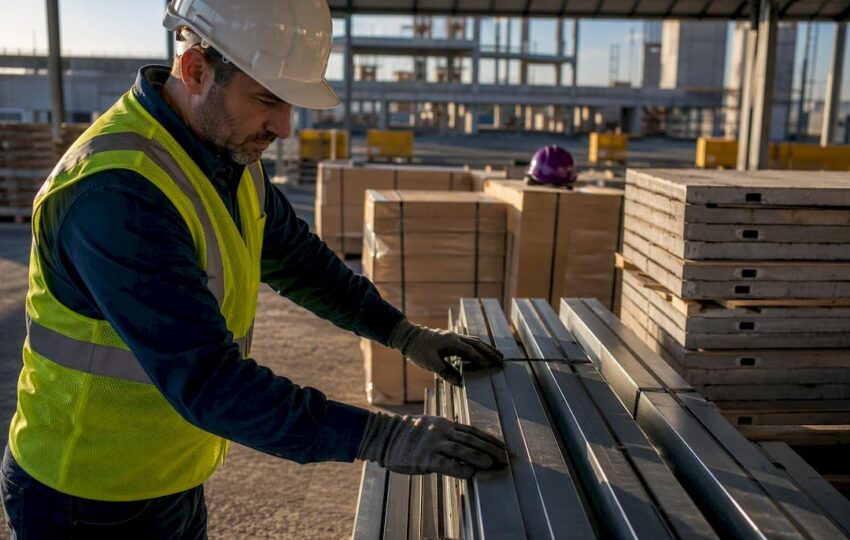 Contractor inspecting staged construction materials