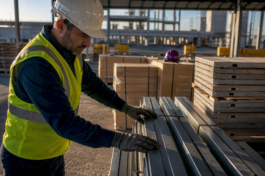 Contractor inspecting staged construction materials