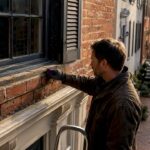 Contractor inspecting historic Alexandria townhouse facade