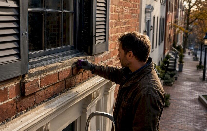 Contractor inspecting historic Alexandria townhouse facade