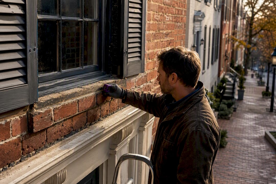 Contractor inspecting historic Alexandria townhouse facade