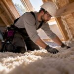 Contractor installing attic insulation during remodel