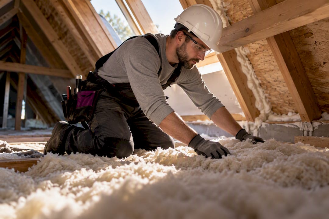 Contractor installing attic insulation during remodel