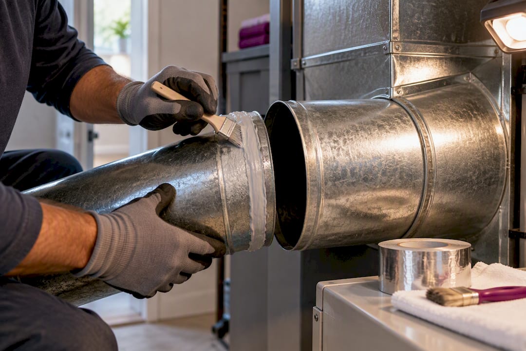 Technician sealing an HVAC duct joint
