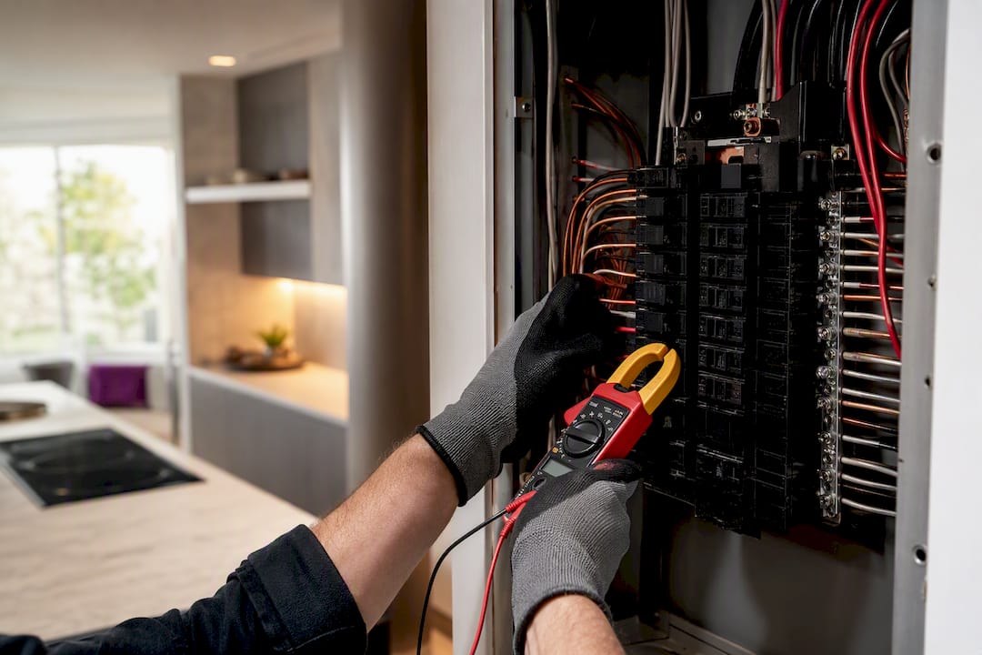 Electrician checking panel during kitchen remodel