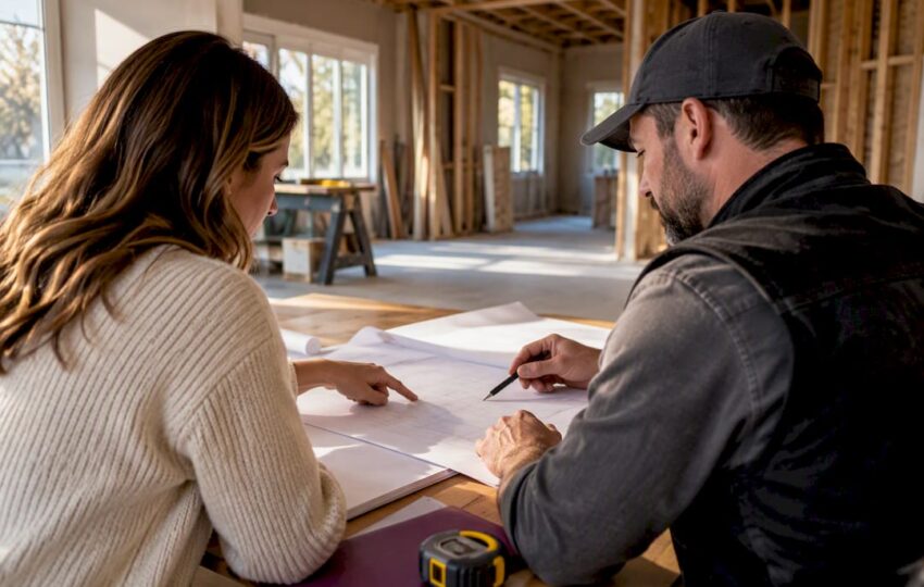 Homeowner and contractor reviewing renovation agreement