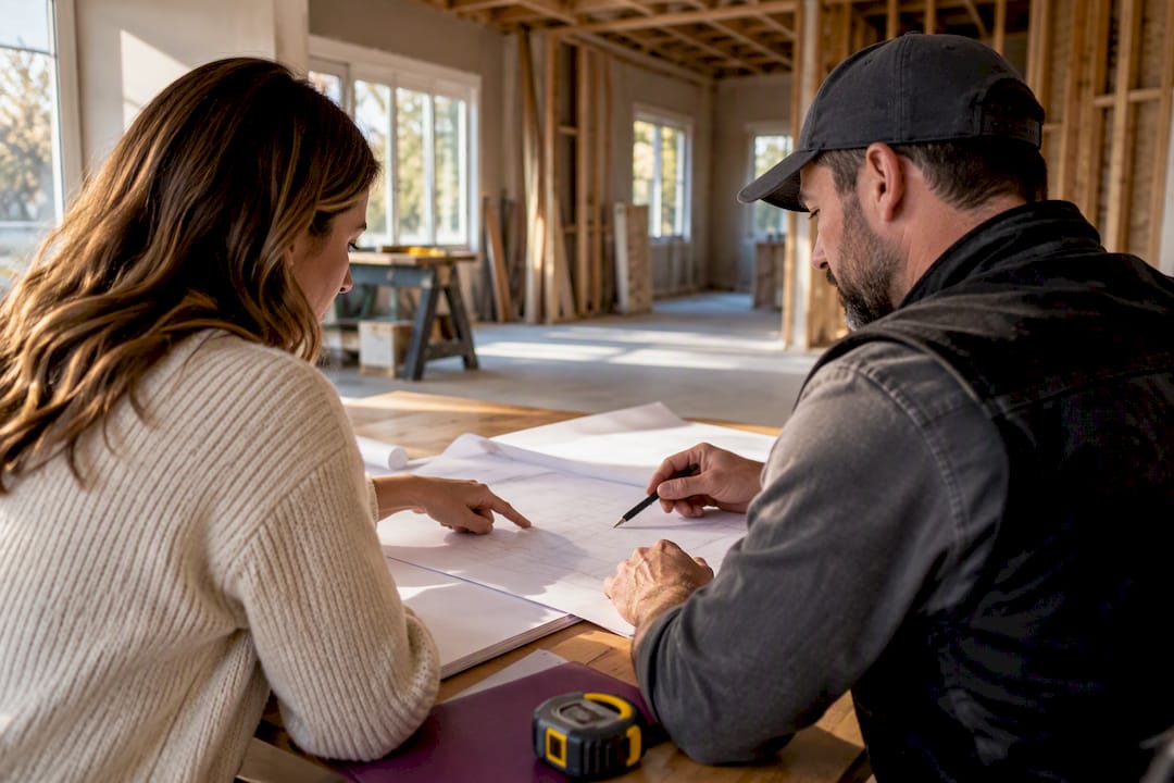 Homeowner and contractor reviewing renovation agreement