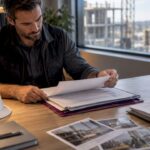 Construction manager reviewing claims records