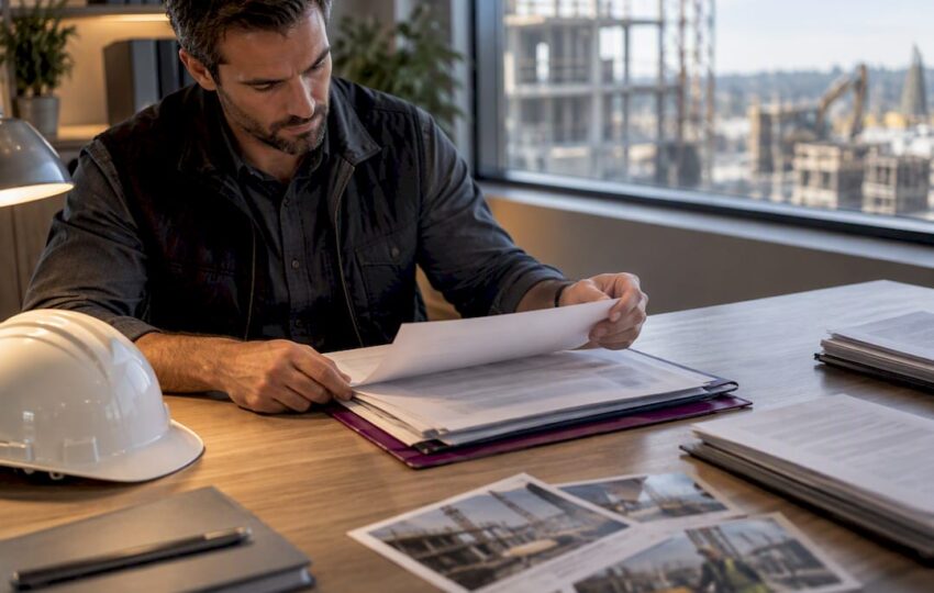 Construction manager reviewing claims records